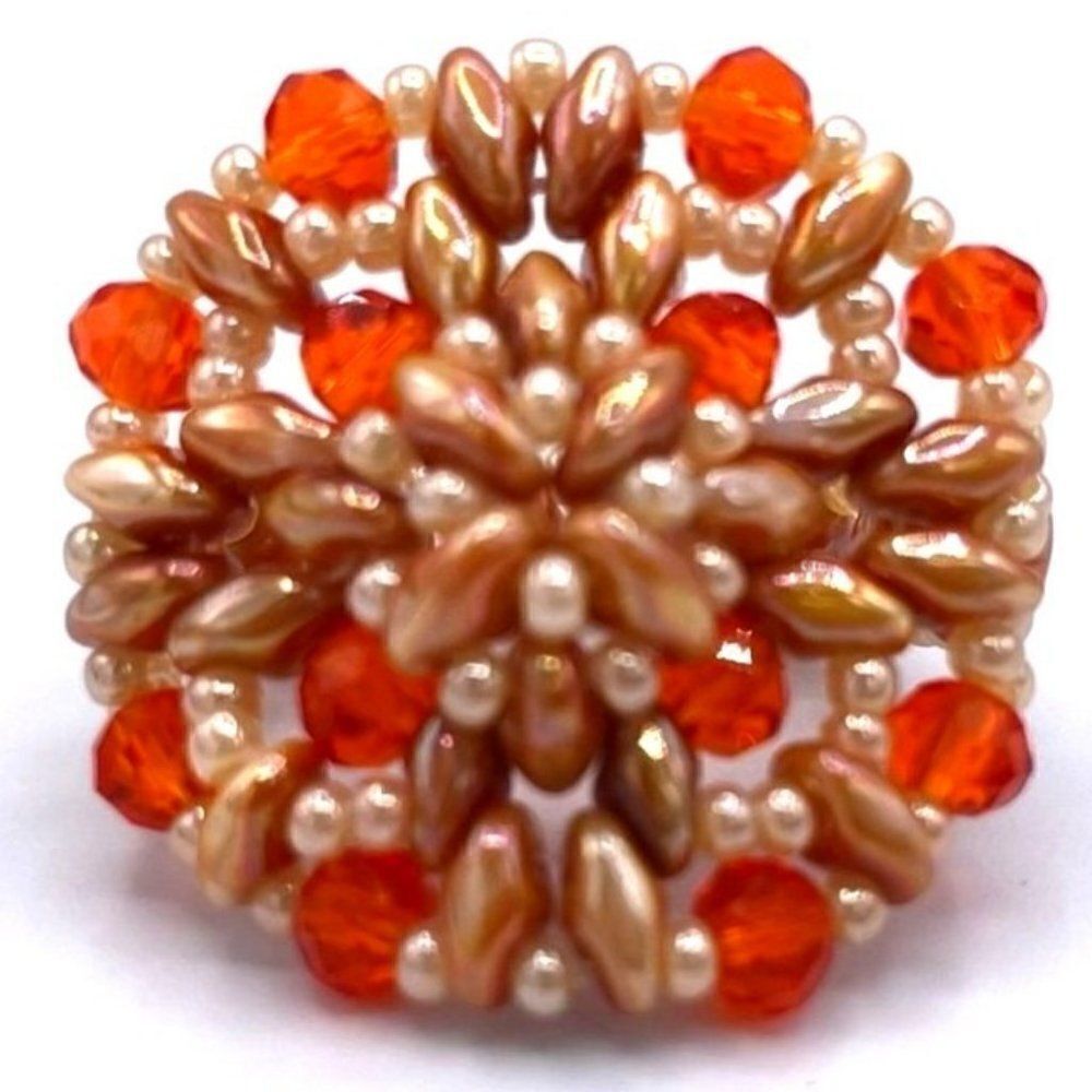 Caramel Brown and Orange Crystal Beaded Statement Ring Size 7